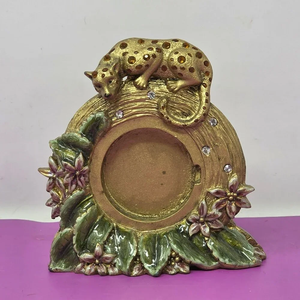 Leopard-Inspired Decorative Metal Photo Frame Gold Finish Floral Enamel Accents‎